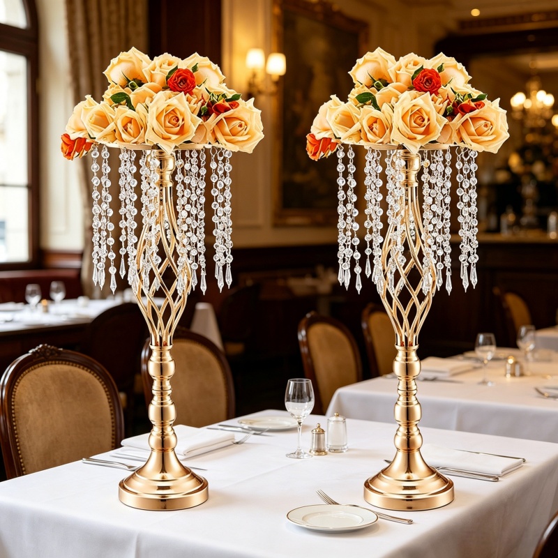 Florist Supply Vases - Elegante Florero Alto de Cristal Dorado,